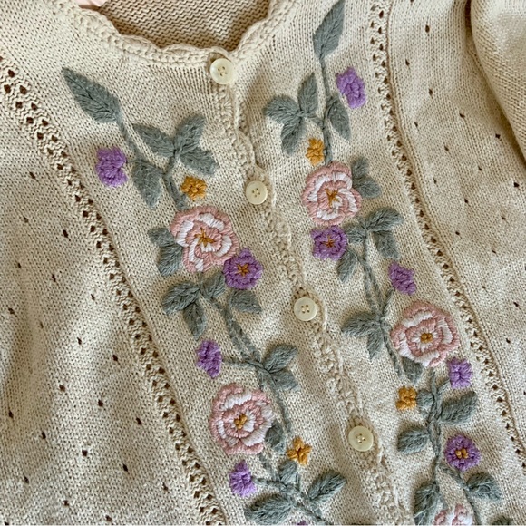 Vintage eva  embedded floral cream cardigan sweater top - Picture 2 of 8
